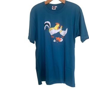 Tesss Unisex Graphic Tee L — 100% Cotton Teal Shirt w/ Rooster & Hatchling (NWT)